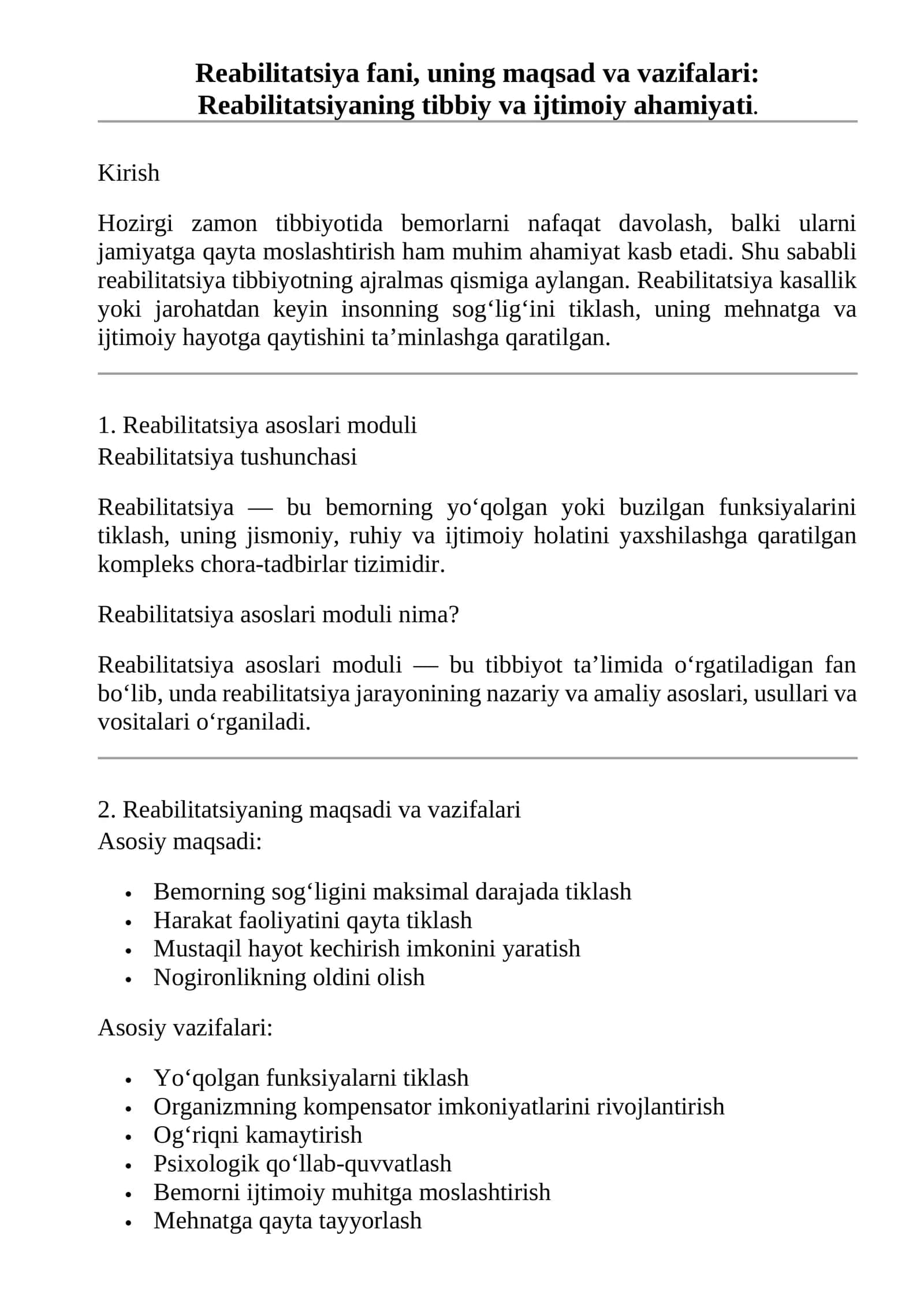Reabilitatsiya fani, uning maqsad va vazifalari