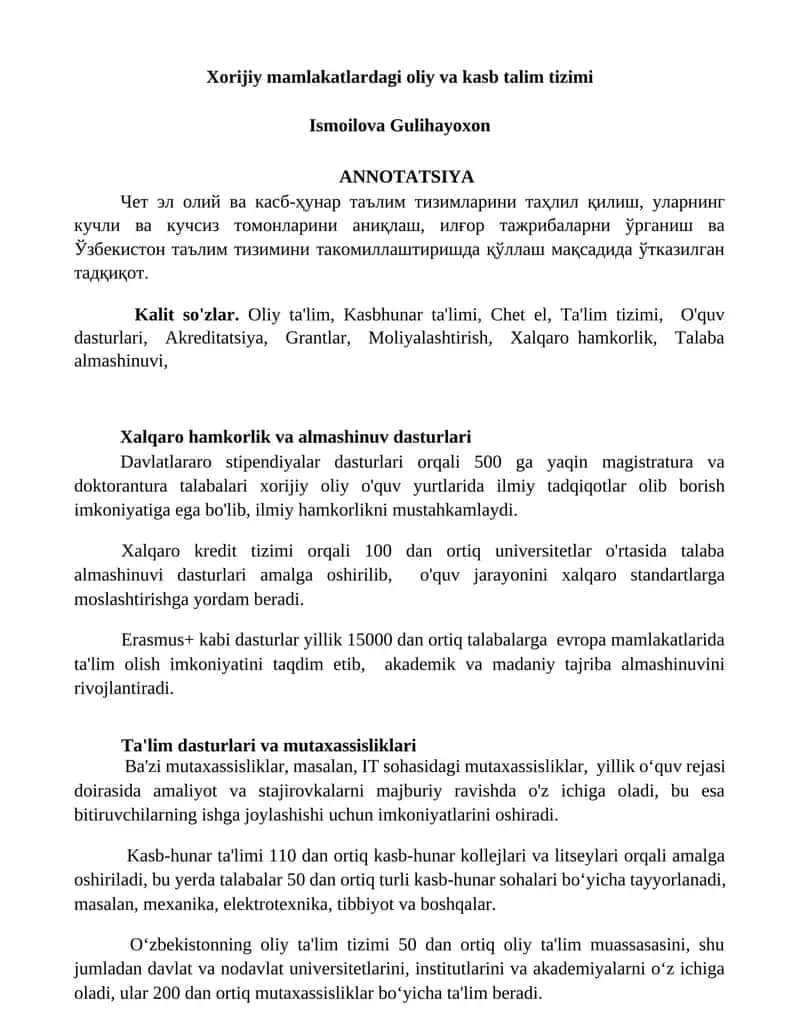 Xorijiy mamlakatlardagi oliy va kasb talim tizimi