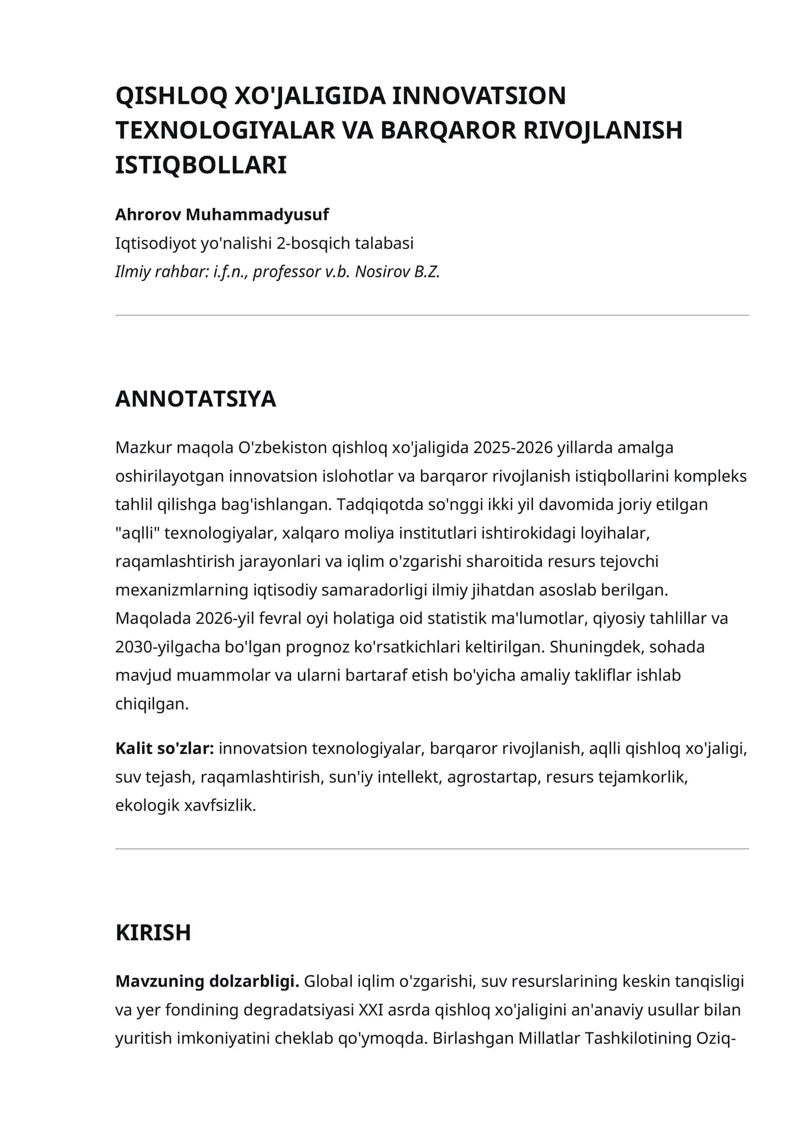 QISHLOQ XO'JALIGIDA INNOVATSION TEXNOLOGIYALAR VA BARQAROR RIVOJLANISH ISTIQBOLLARI
