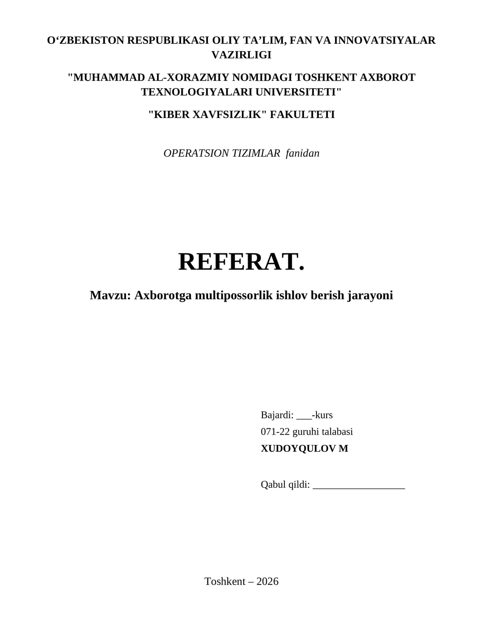 Axborotga multipossorlik ishlov berish jarayoni