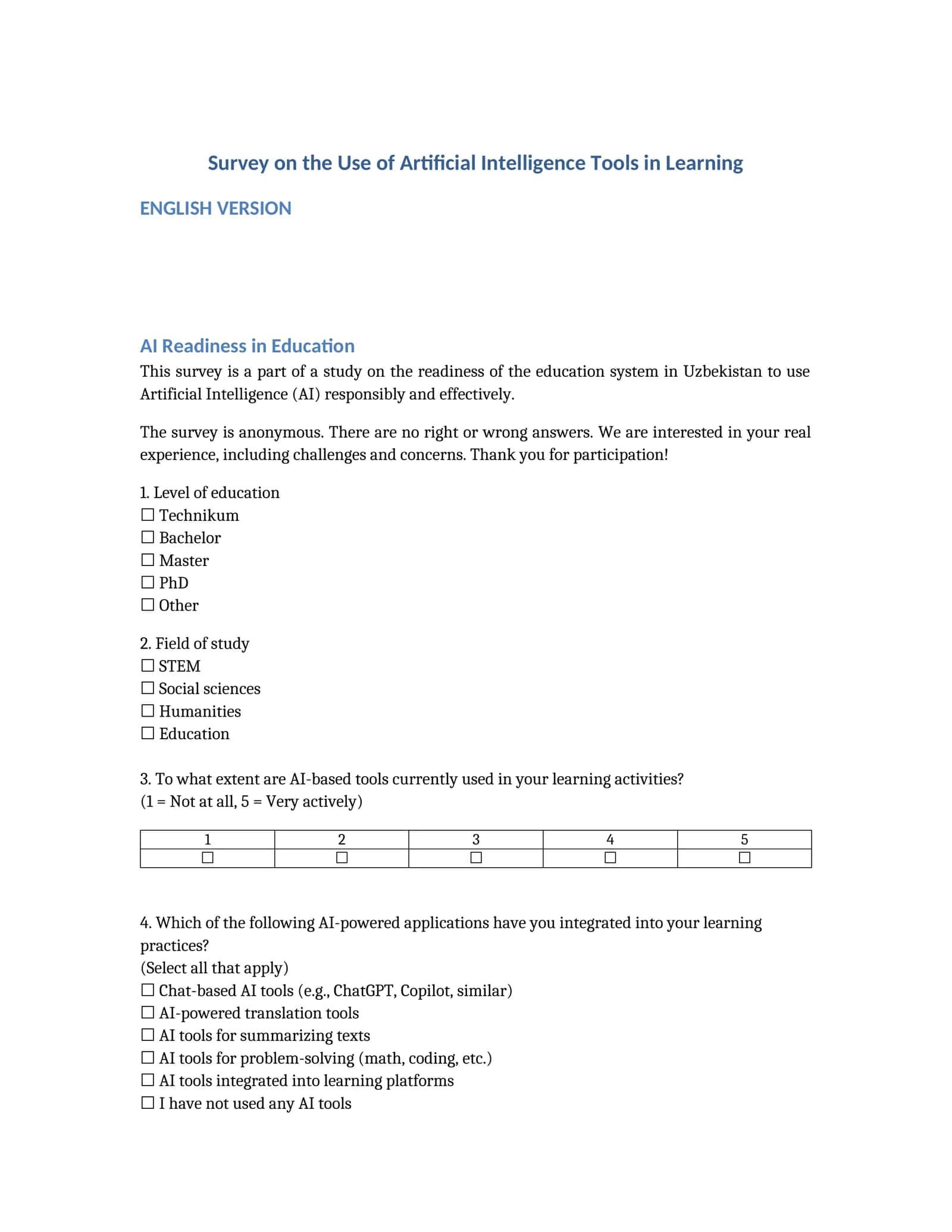 Survey on the Use of Artificial Intelligence Tools in Learning