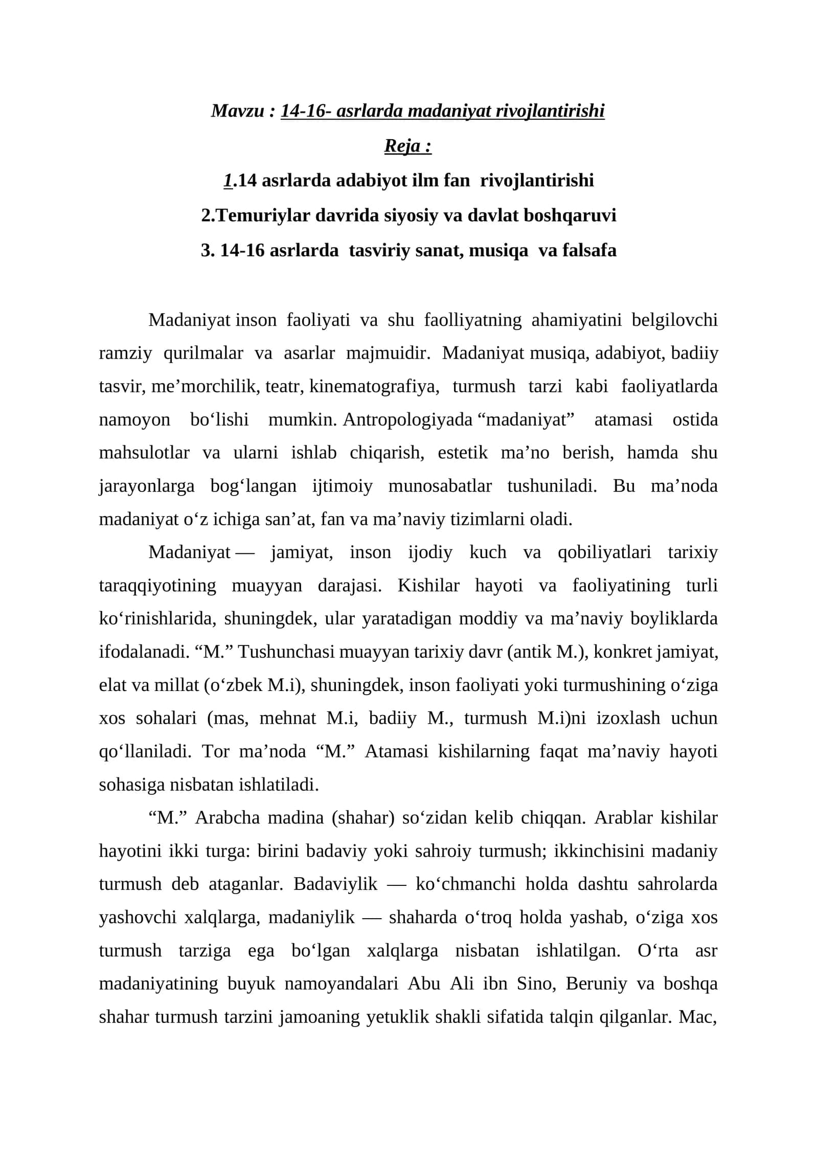 14-16 asrlarda madaniyat rivojlantirishi