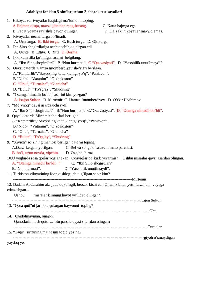 Adabiyot fanidan 5-sinflar uchun 2-chorak test savollari