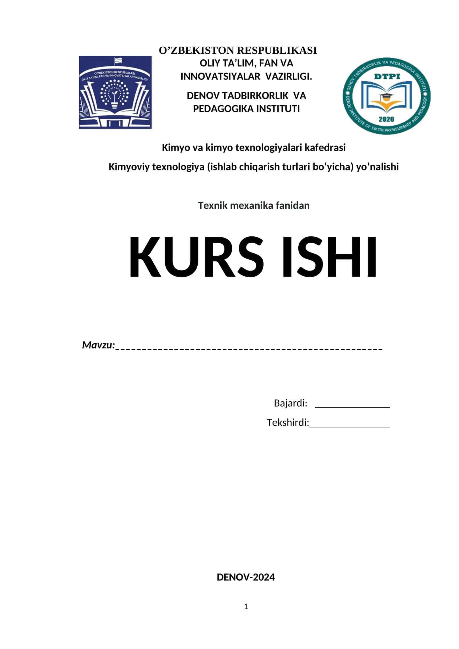 KIMYOVİY TEXNOLOGIYALAR (ISHLAB CHIQARISH TURLARI BO‘YICHA)