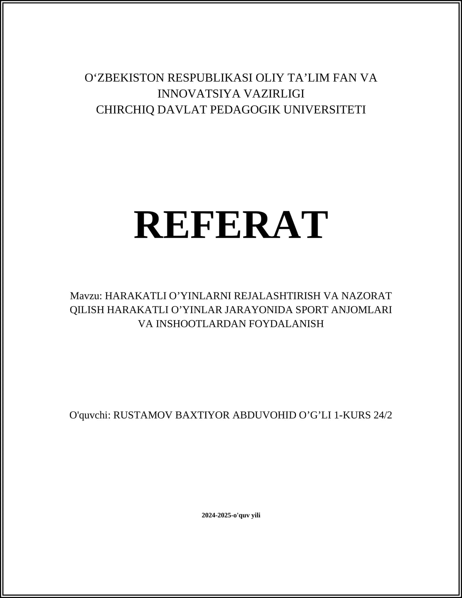 HARAKATLI O’YINLARNI REJALASHTIRISH VA NAZORAT QILISH HARAKATLI O’YINLAR JARAYONIDA SPORT ANJOMLARI VA INSHOOTLARDAN FOYDALANISH