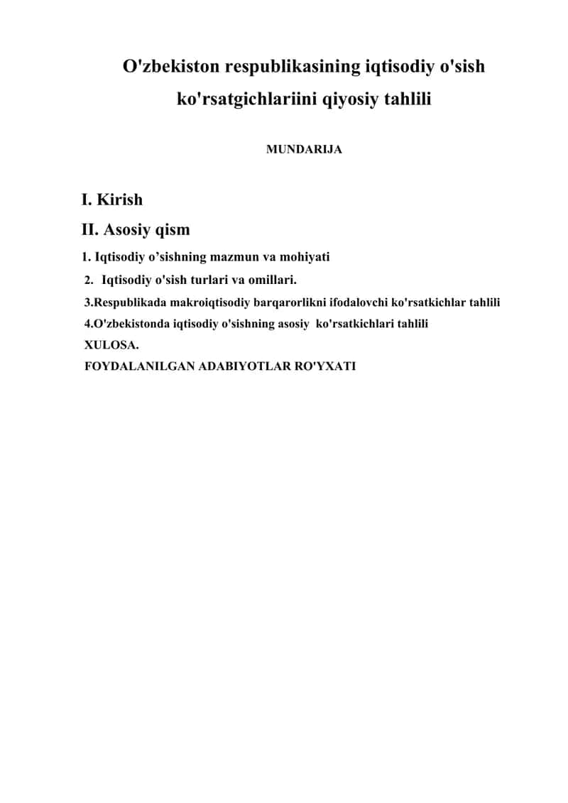 O'zbekiston respublikasining iqtisodiy o'sish ko'rsatgichlariini qiyosiy tahlili
