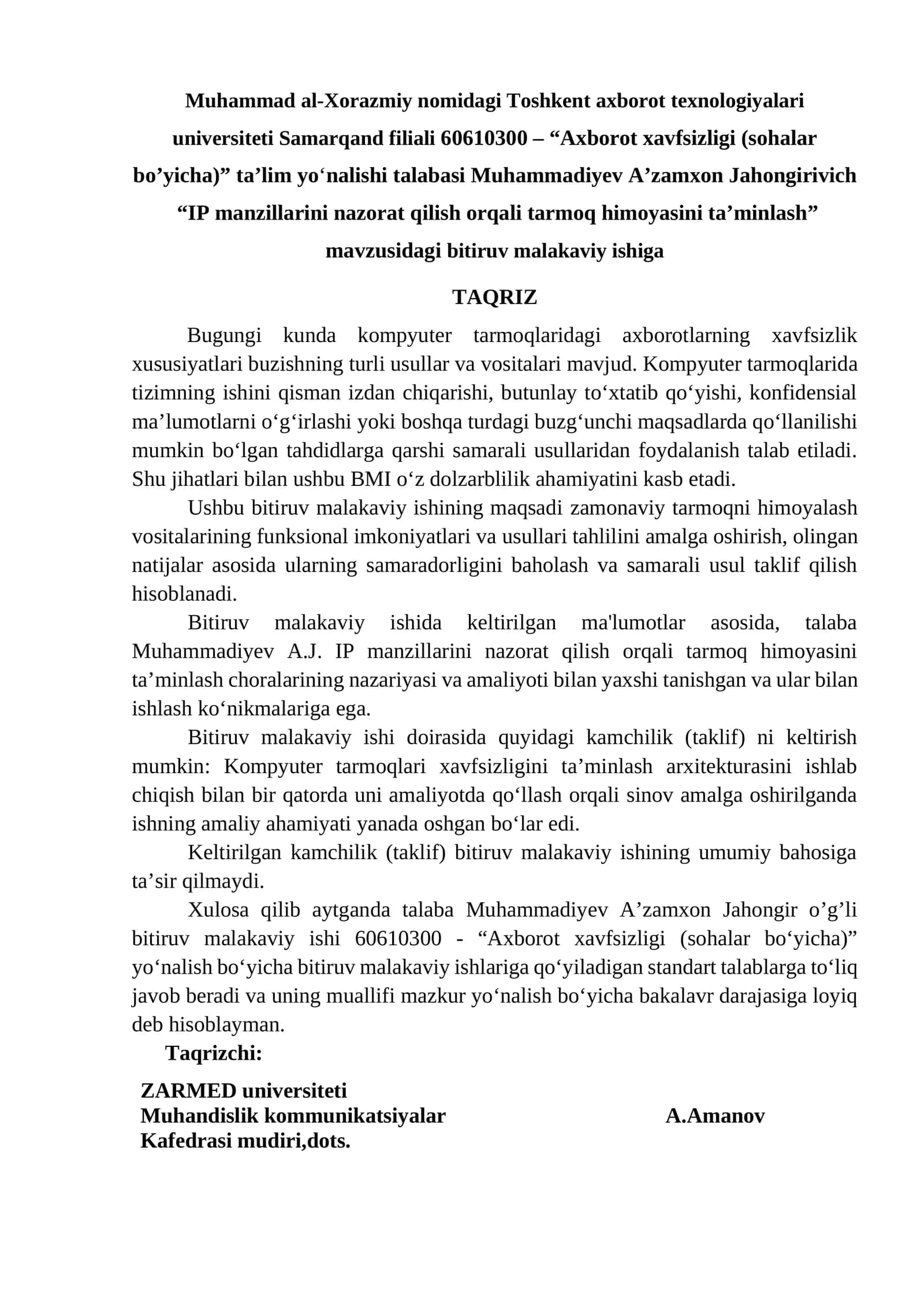 “IP manzillarini nazorat qilish orqali tarmoq himoyasini ta’minlash” mavzusidagi bitiruv malakaviy ishiga
