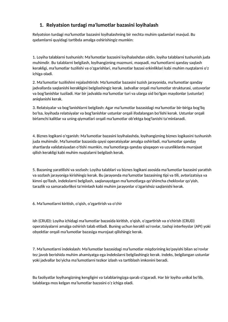 Relyatsion turdagi ma'lumotlar bazasini loyihalash