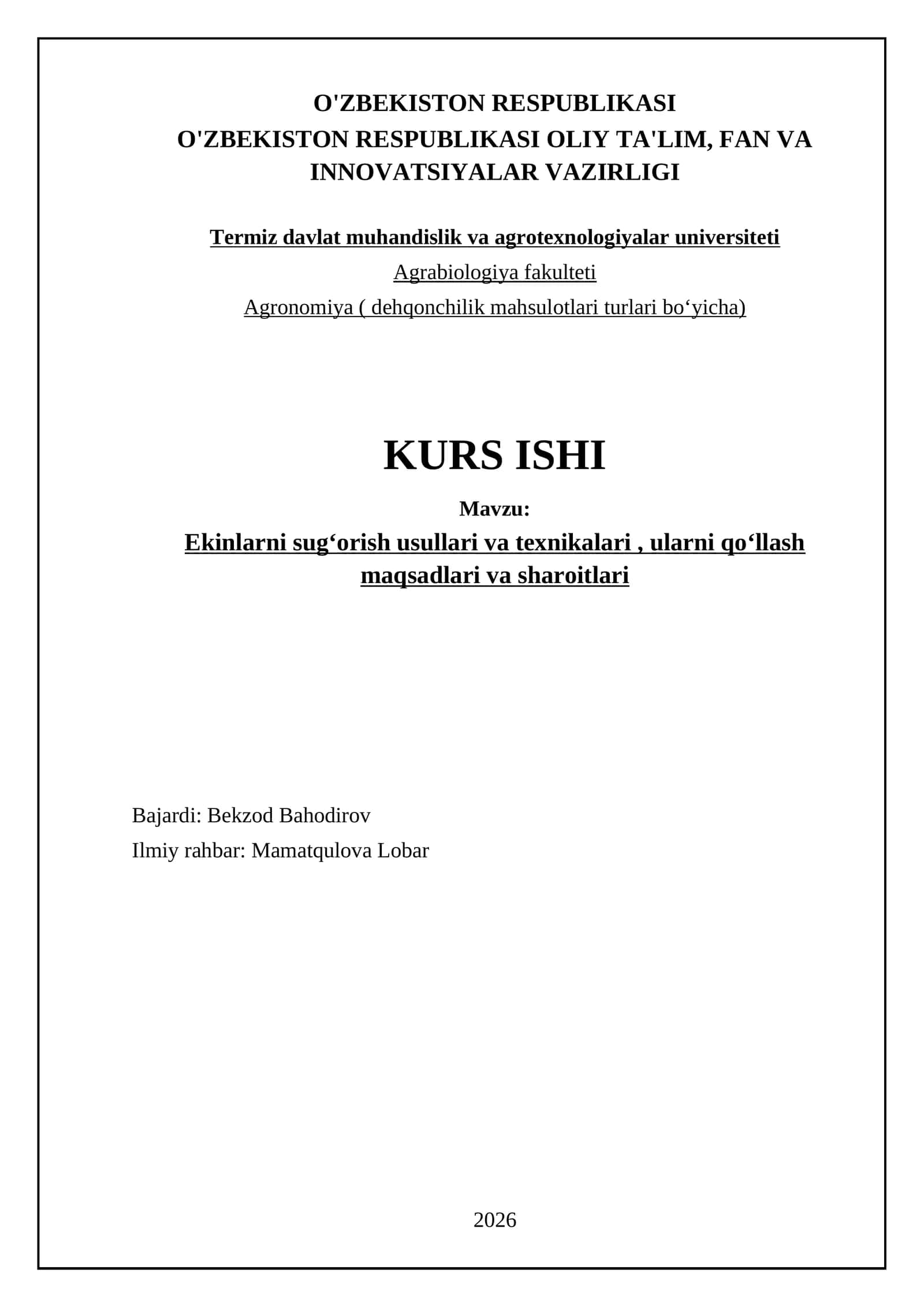 Ekinlarni sugʻorish usullari va texnikalari, ularni qoʻllash maqsadlari va sharoitlari
