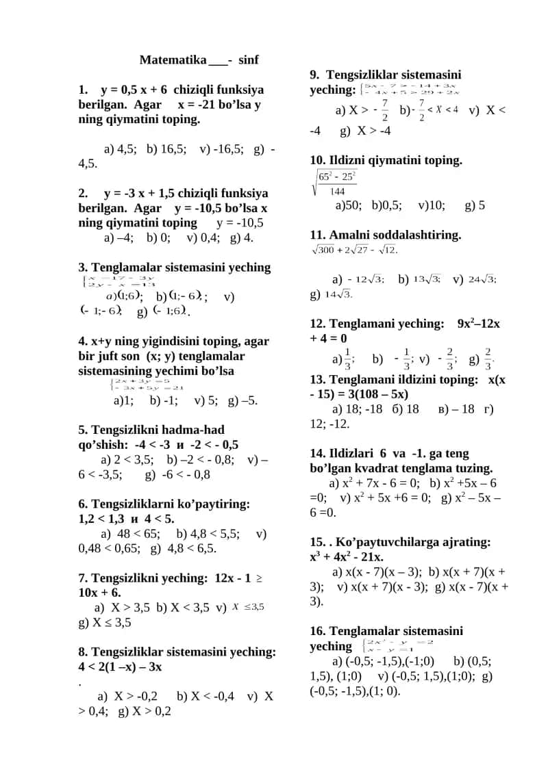 Matematika 8-sinf test