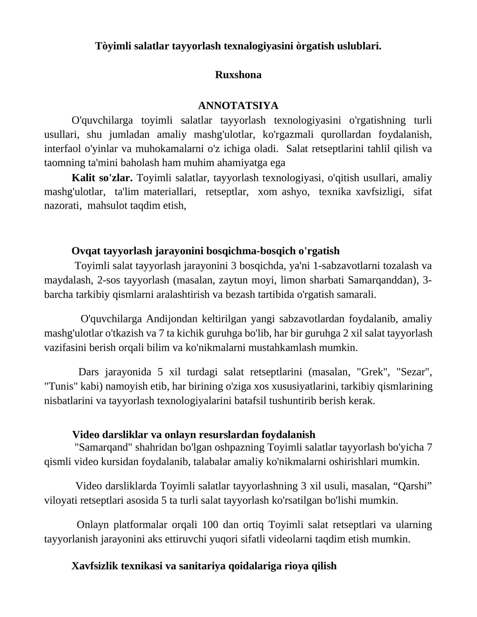 Toyimli Salatlar Tayyorlash Texnologiyasini O'rgatish Uslublari