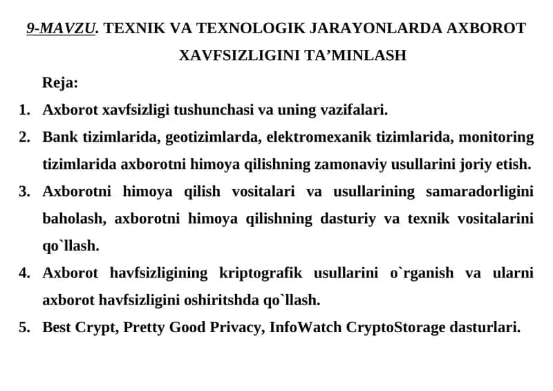 TЕXNIK VA TEXNOLOGIK JARAYONLARDA AXBOROT XAVFSIZLIGINI TA’MINLASH