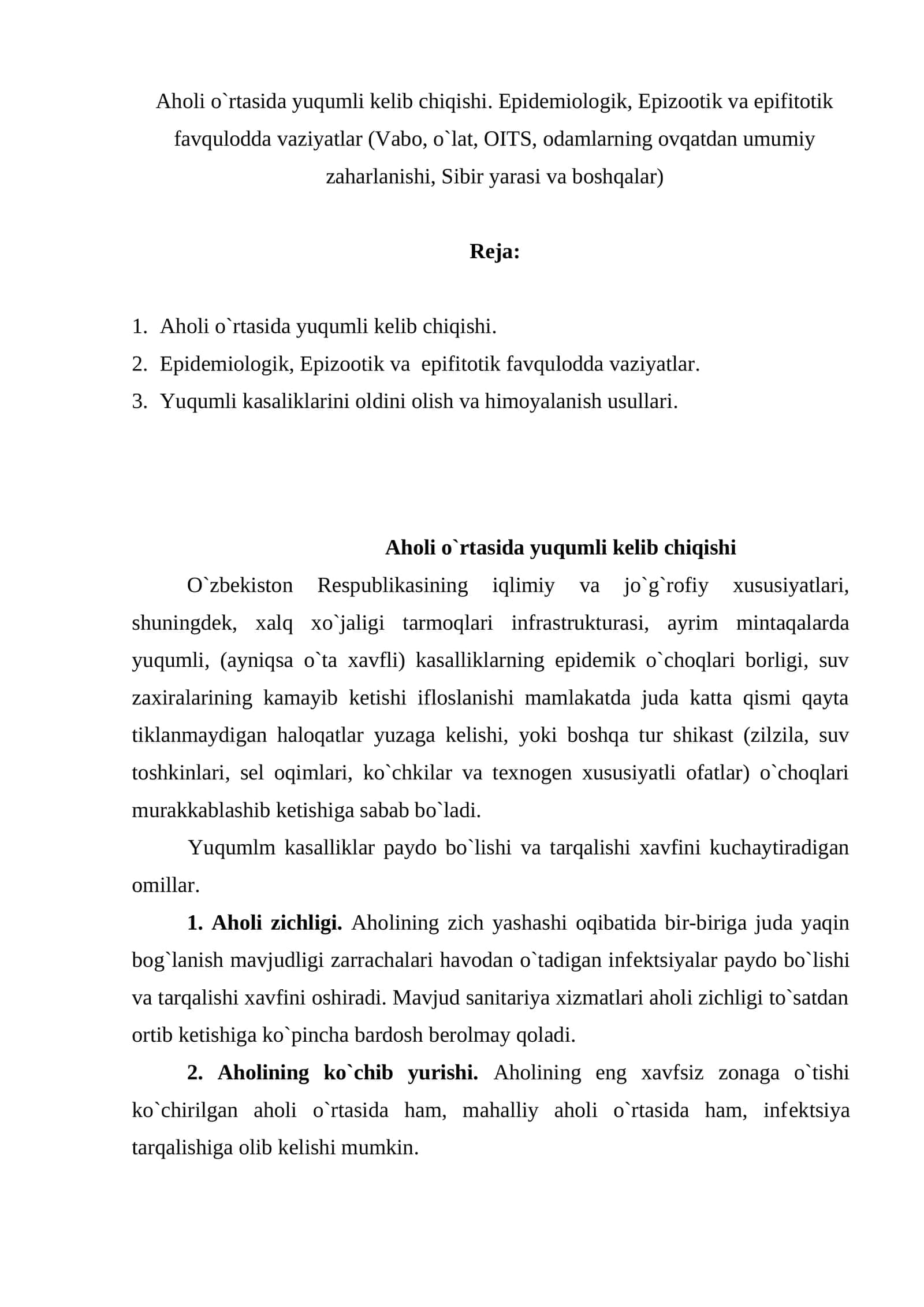 Aholi o`rtasida yuqumli kеlib chiqishi