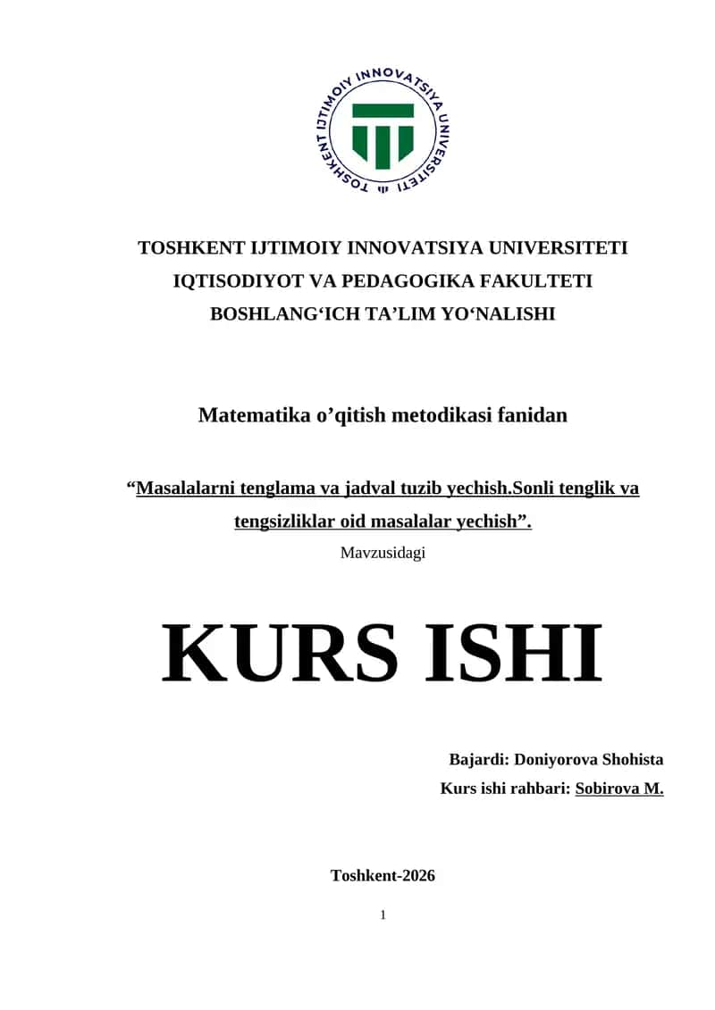 Masalalarni tenglama va jadval tuzib yechish.Sonli tenglik va tengsizliklar oid masalalar yechish.docx