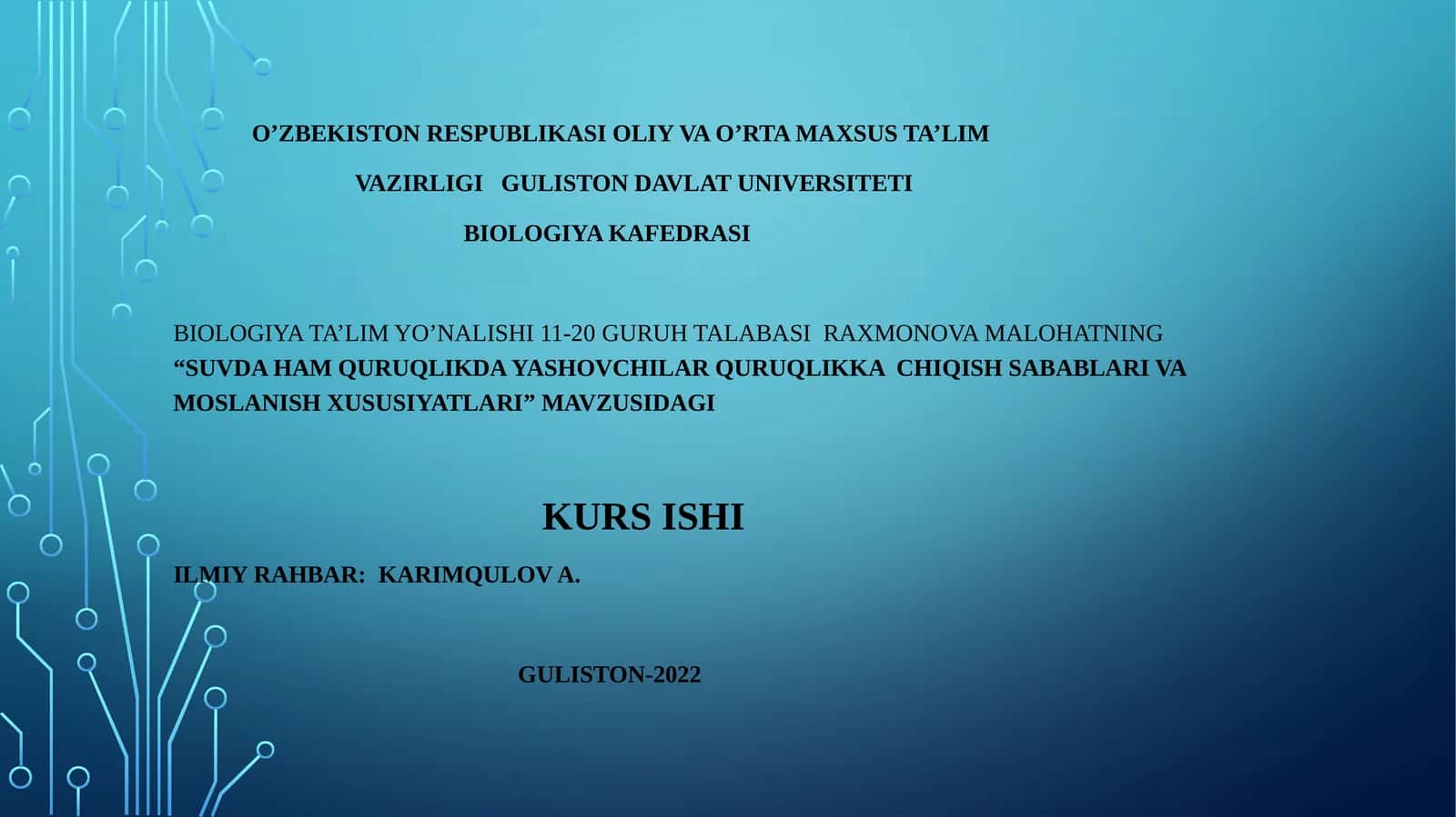 SUVDA HAM QURUQLIKDA YASHOVCHILAR QURUQLIKKA CHIQISH SABABLARI VA MOSLANISH XUSUSIYATLARI