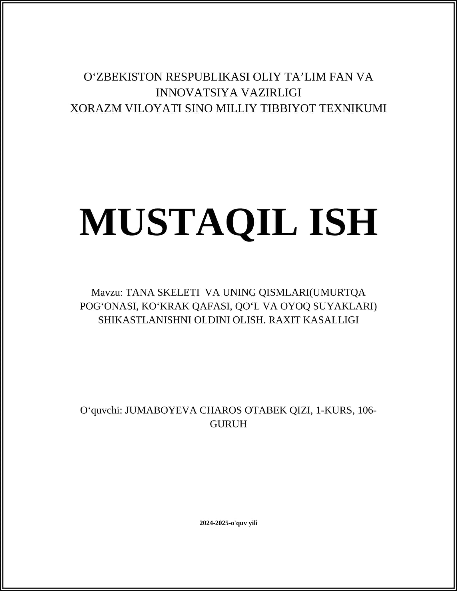 Tana skeleti va uning qismlari(umurtqa pogʻonasi, koʻkrak qafasi, qoʻl va oyoq suyaklari)