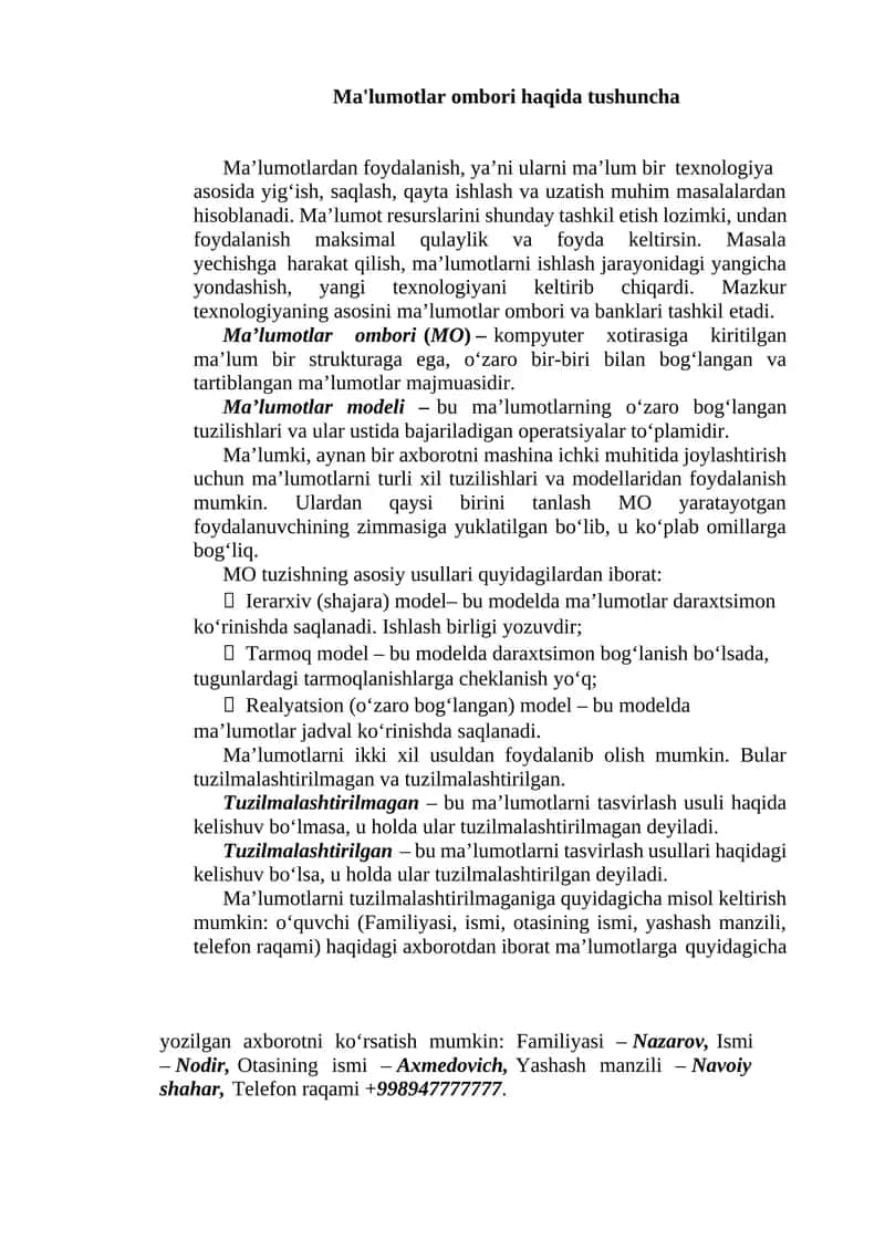 Ma'lumotlar ombori haqida tushuncha