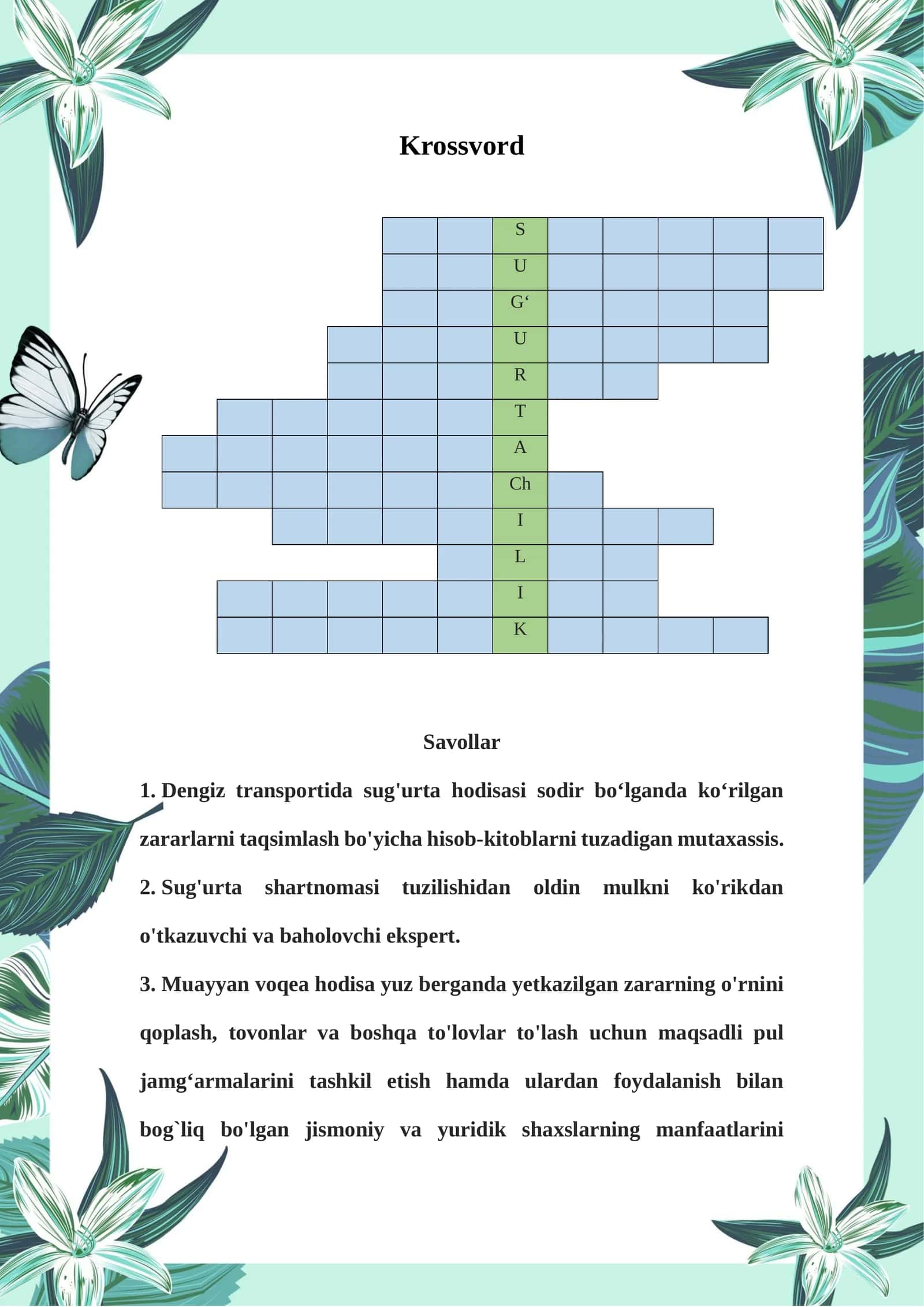 Sugʻurtaga oid krossvord