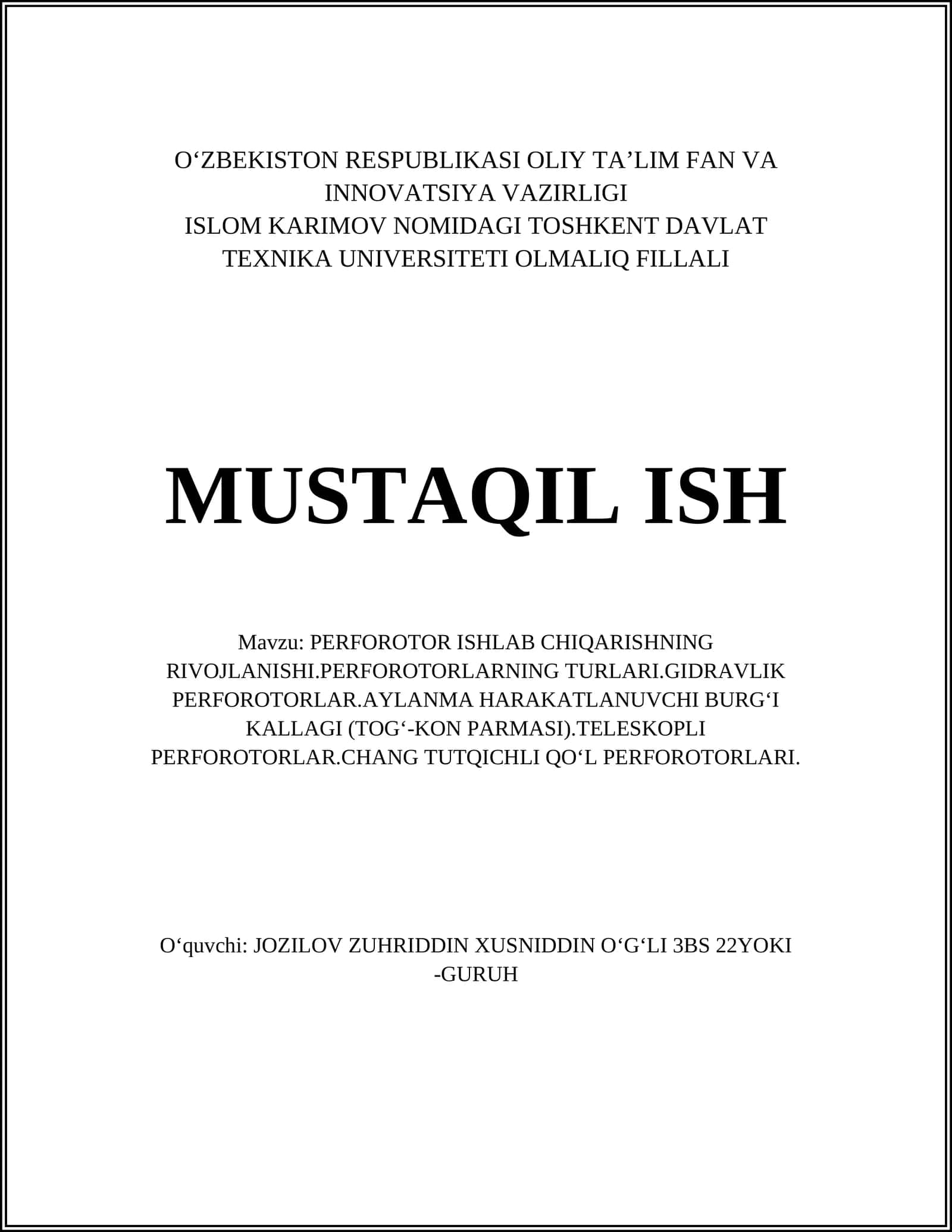 PERFOROTOR ISHLAB CHIQARISHNING RIVOJLANISHI