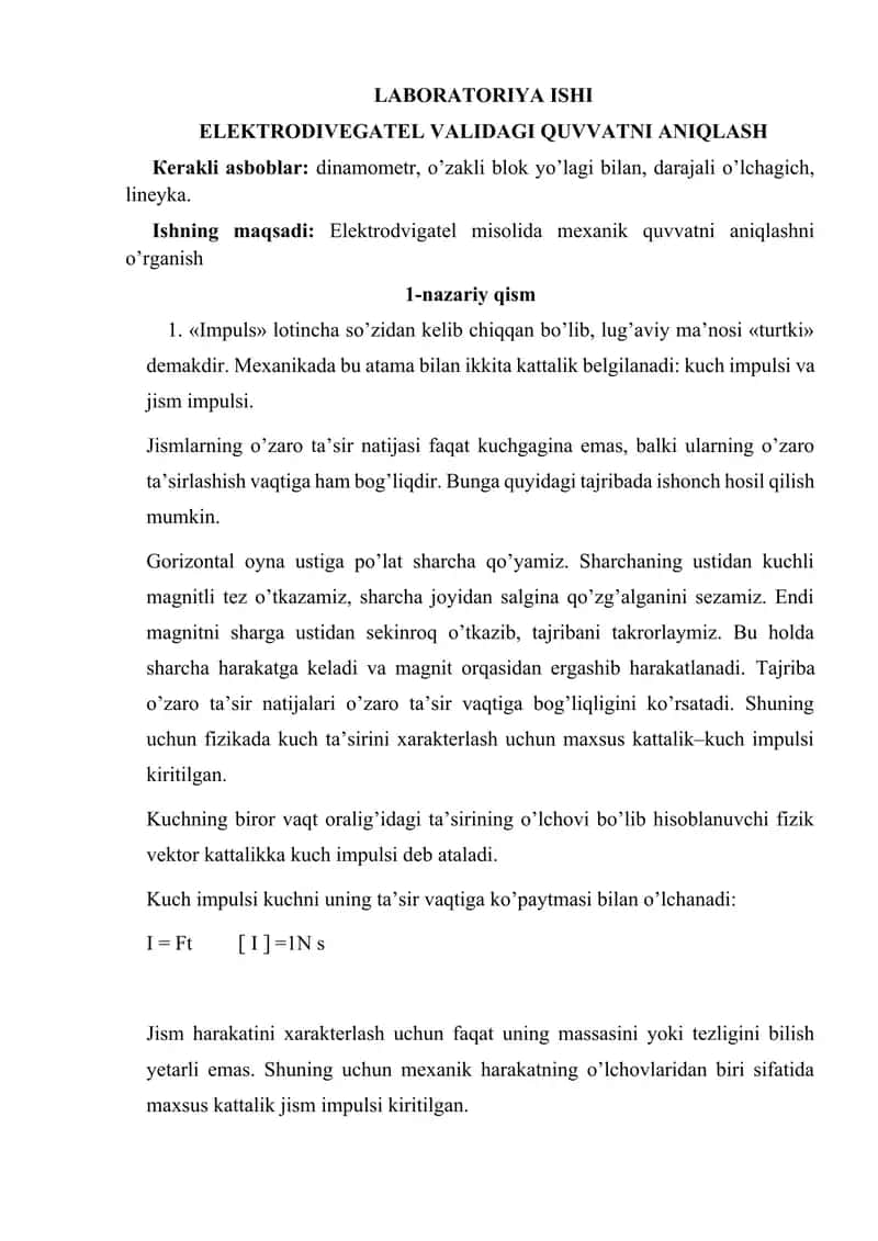 ELEKTRODIVEGATEL VALIDAGI QUVVATNI ANIQLASH