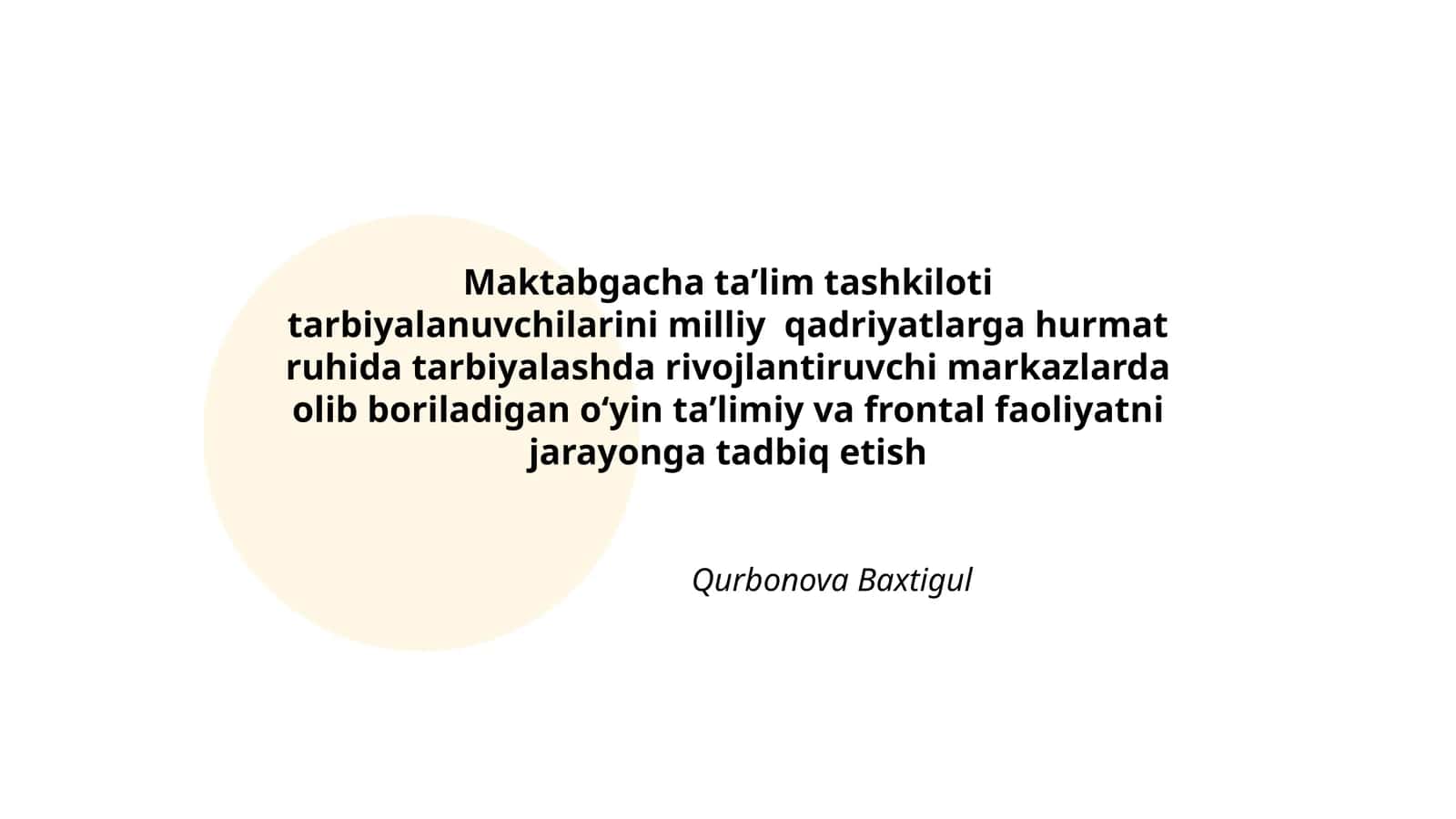 Maktabgacha taʼlim tashkiloti tarbiyalanuvchilarini milliy qadriyatlarga hurmat ruhida tarbiyalashda rivojlantiruvchi markazlarda olib boriladigan oʻyin taʼlimiy va frontal faoliyatni jarayonga tadbiq etish Qurbonova Baxtigul