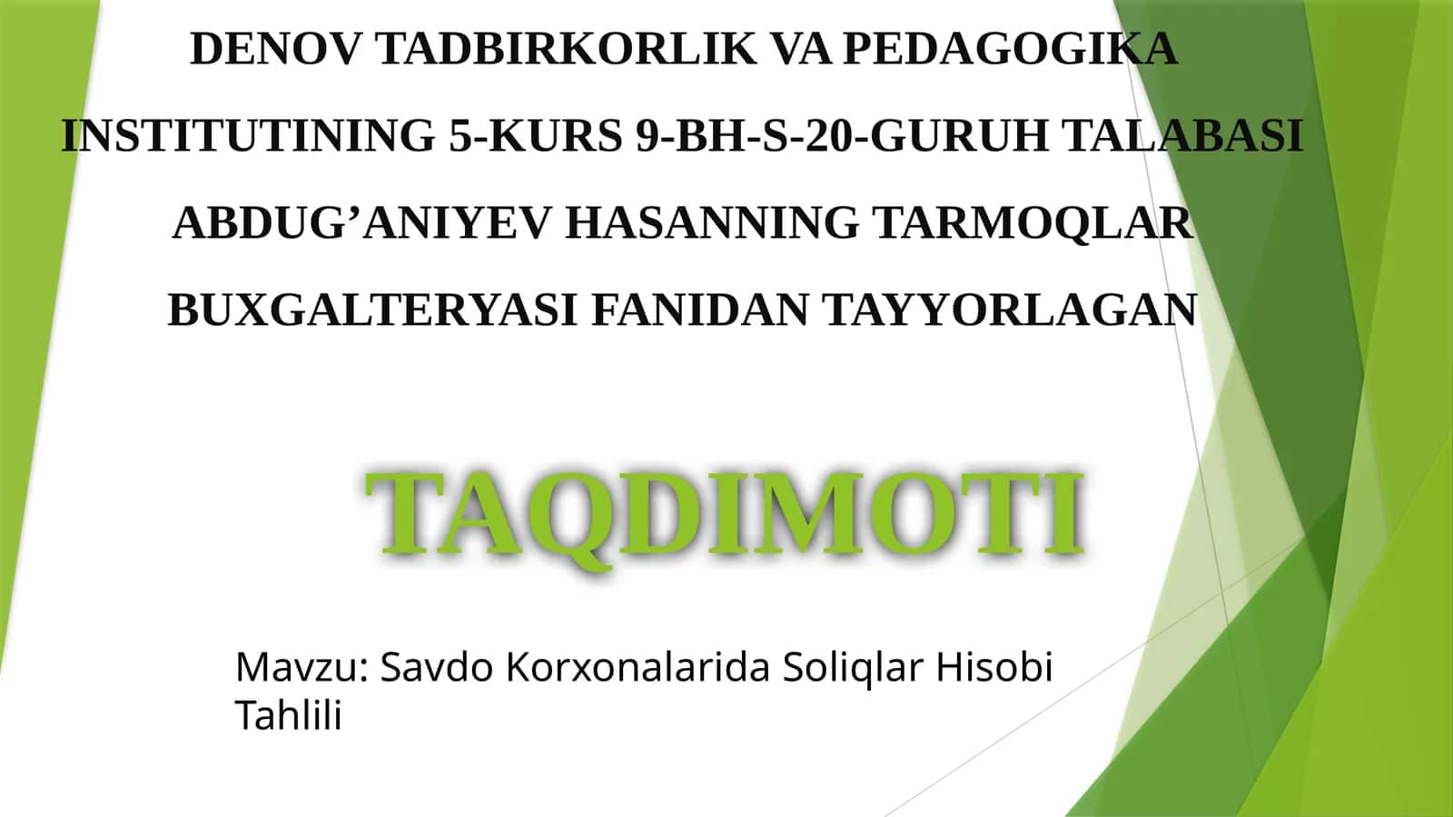 Savdo Korxonalarida Soliqlar Hisobi Tahlili