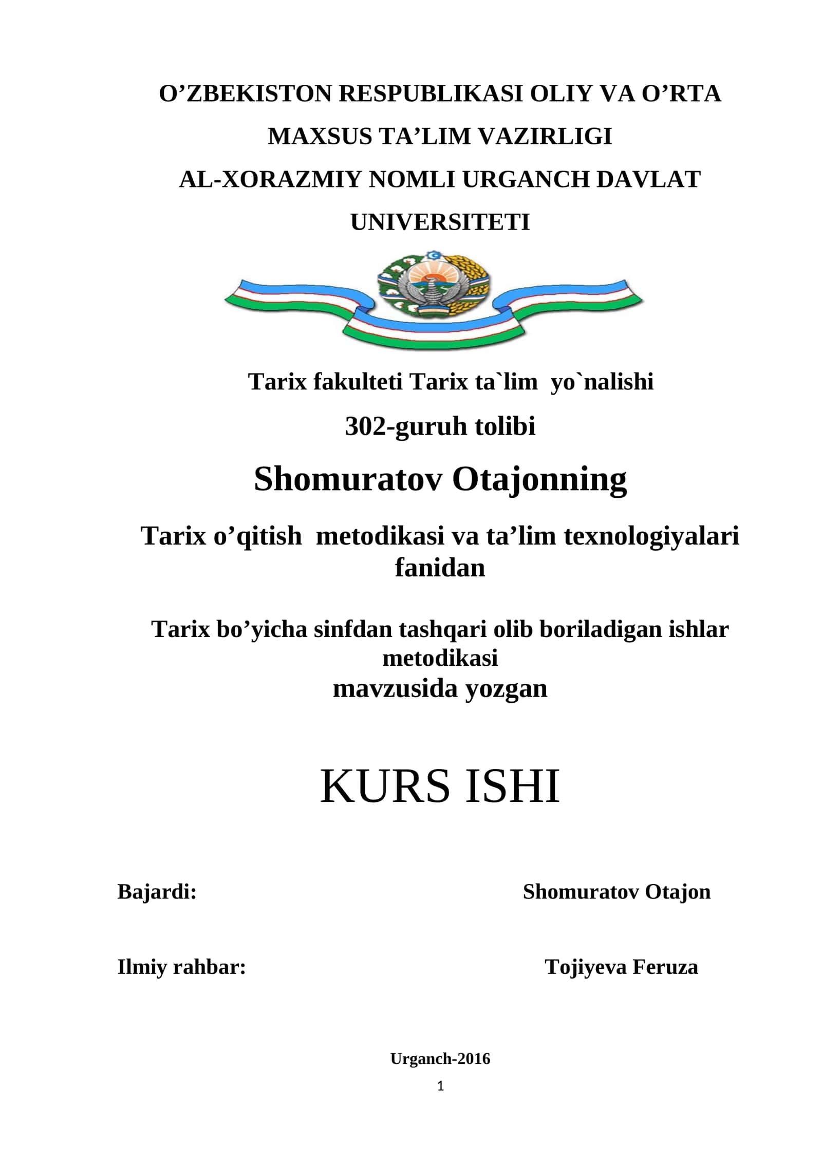 Tarix bo’yicha sinfdan tashqari olib boriladigan ishlar metodikasi