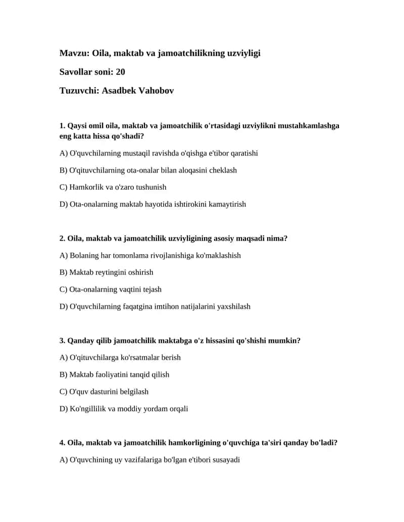 Oila, maktab va jamoatchilikning uzviyligi