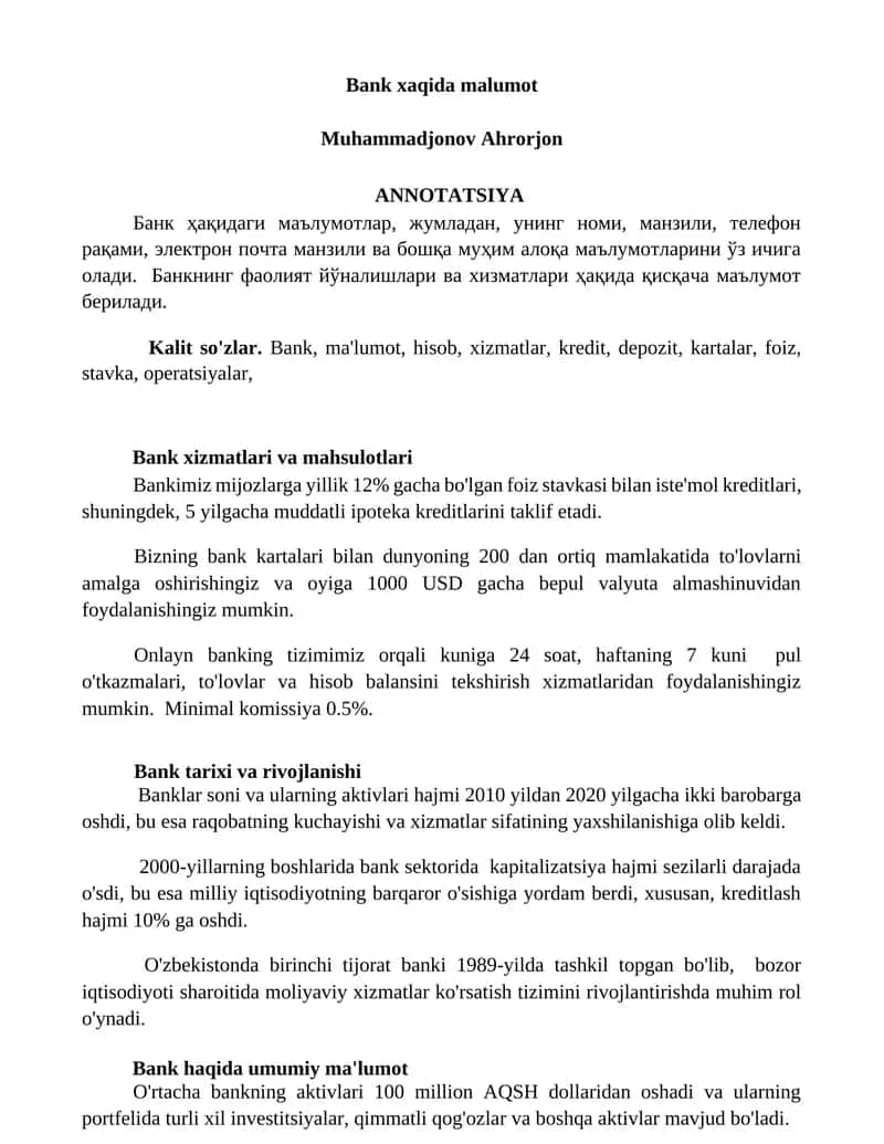Bank xaqida malumot