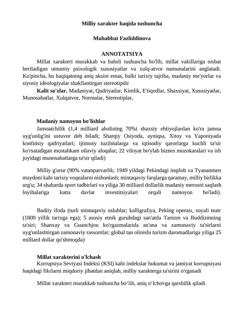 Milliy xarakter haqida tushuncha