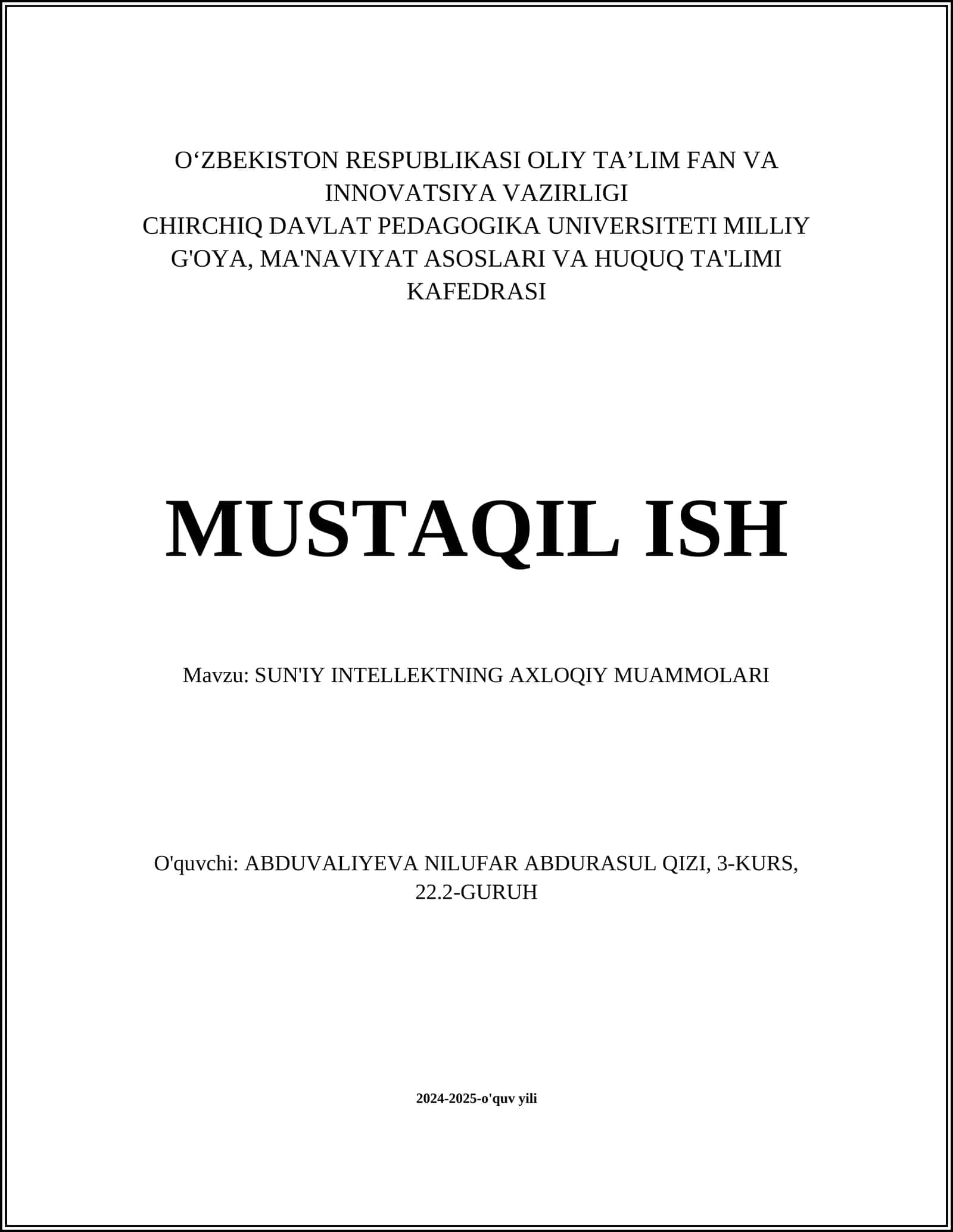 SUN'IY INTELLEKTNING AXLOQIY MUAMMOLARI