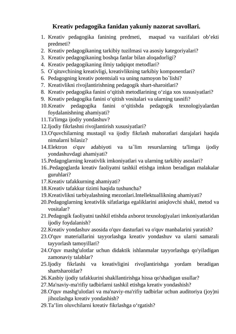 Kreativ pedagogika fanidan yakuniy nazorat savollari