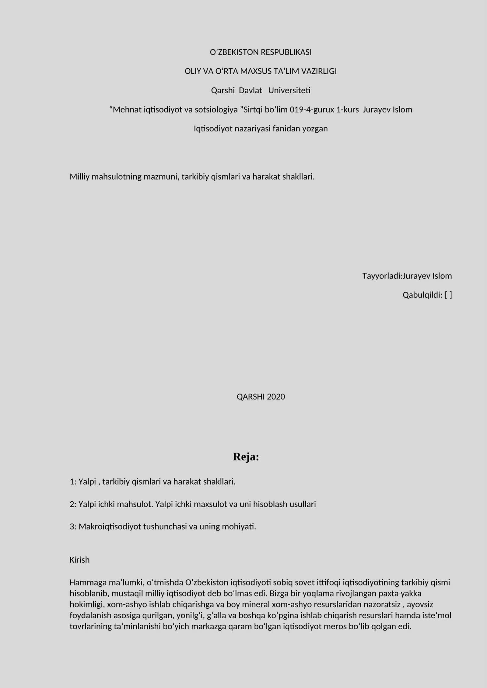 Milliy mahsulotning mazmuni, tarkibiy qismlari va harakat shakllari