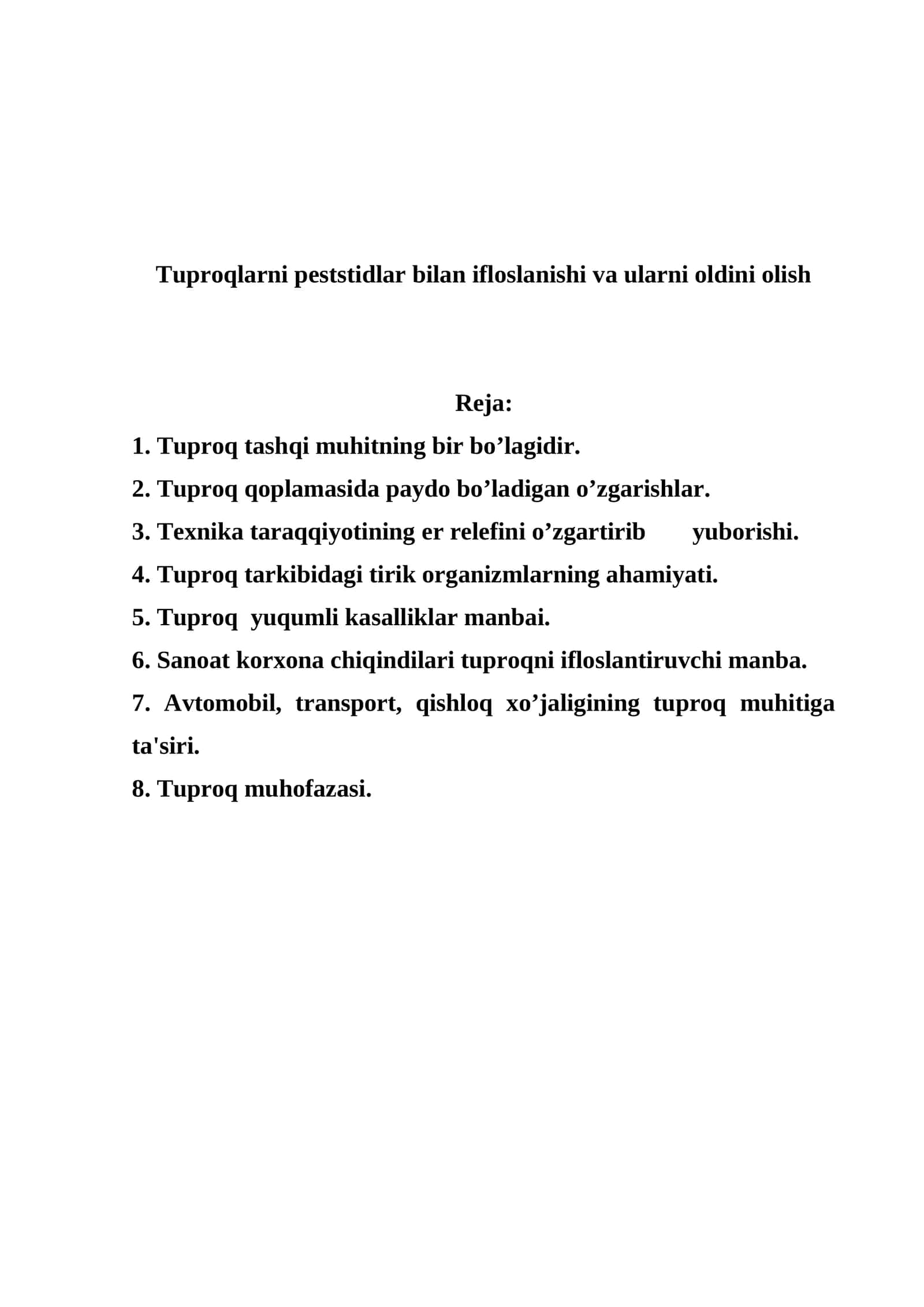 Tuproqlarni peststidlar bilan ifloslanishi va ularni oldini olish