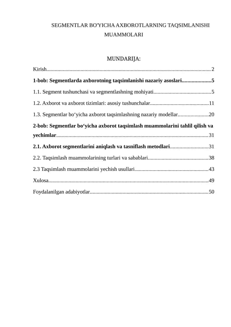 SEGMENTLAR BO'YICHA AXBOROTLARNING TAQSIMLANISHI MUAMMOLARI