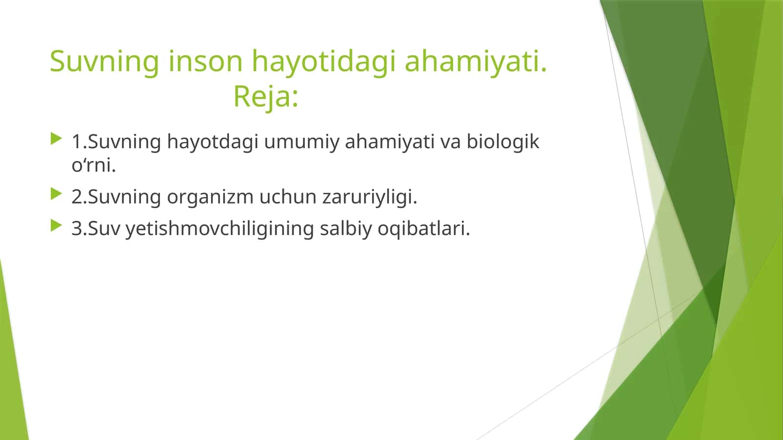 Suvning inson hayotidagi ahamiyati