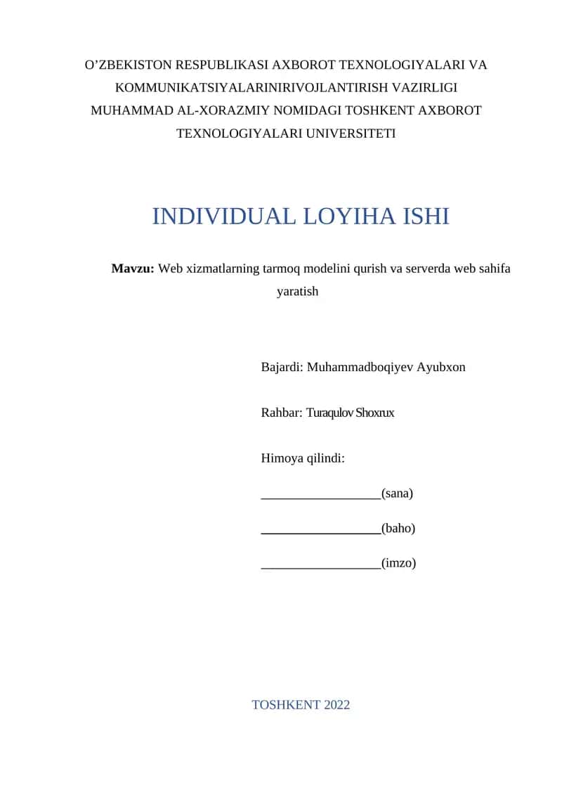 Web xizmatlarning tarmoq modelini qurish va serverda web sahifa yaratish