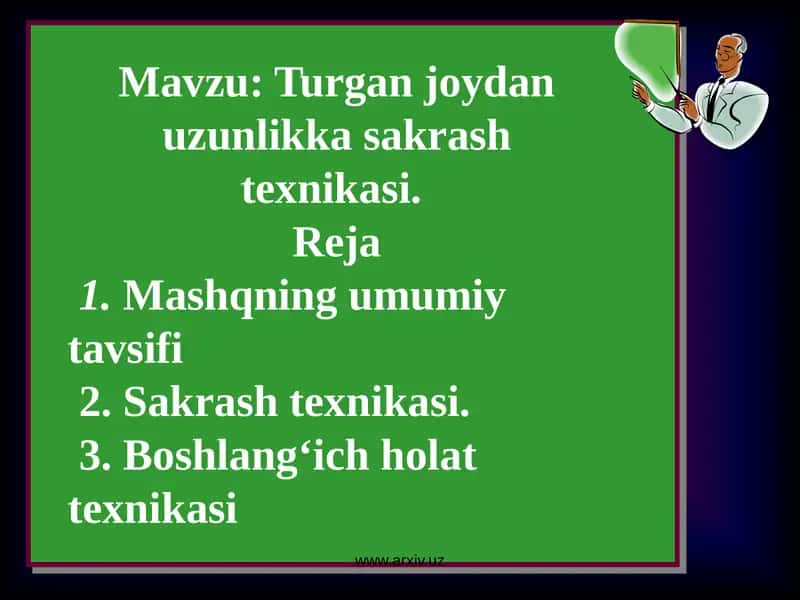 Turgan joydan uzunlikka sakrash texnikasi
