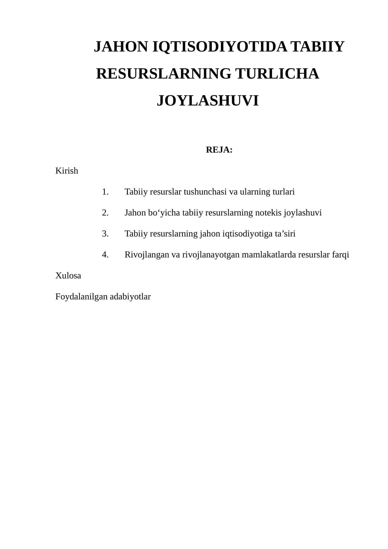 Tabiiy Resurslar va Iqtisodiyot