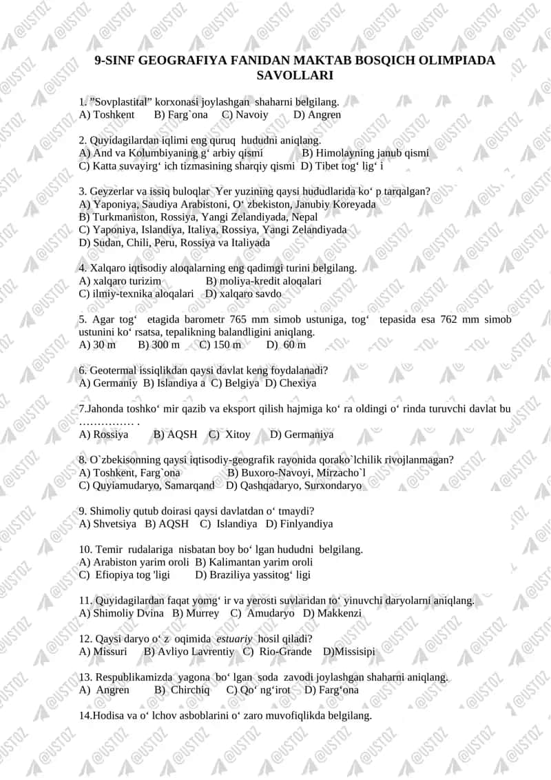 9-SINF GEOGRAFIYA FANIDAN MAKTAB BOSQICH OLIMPIADA SAVOLLARI