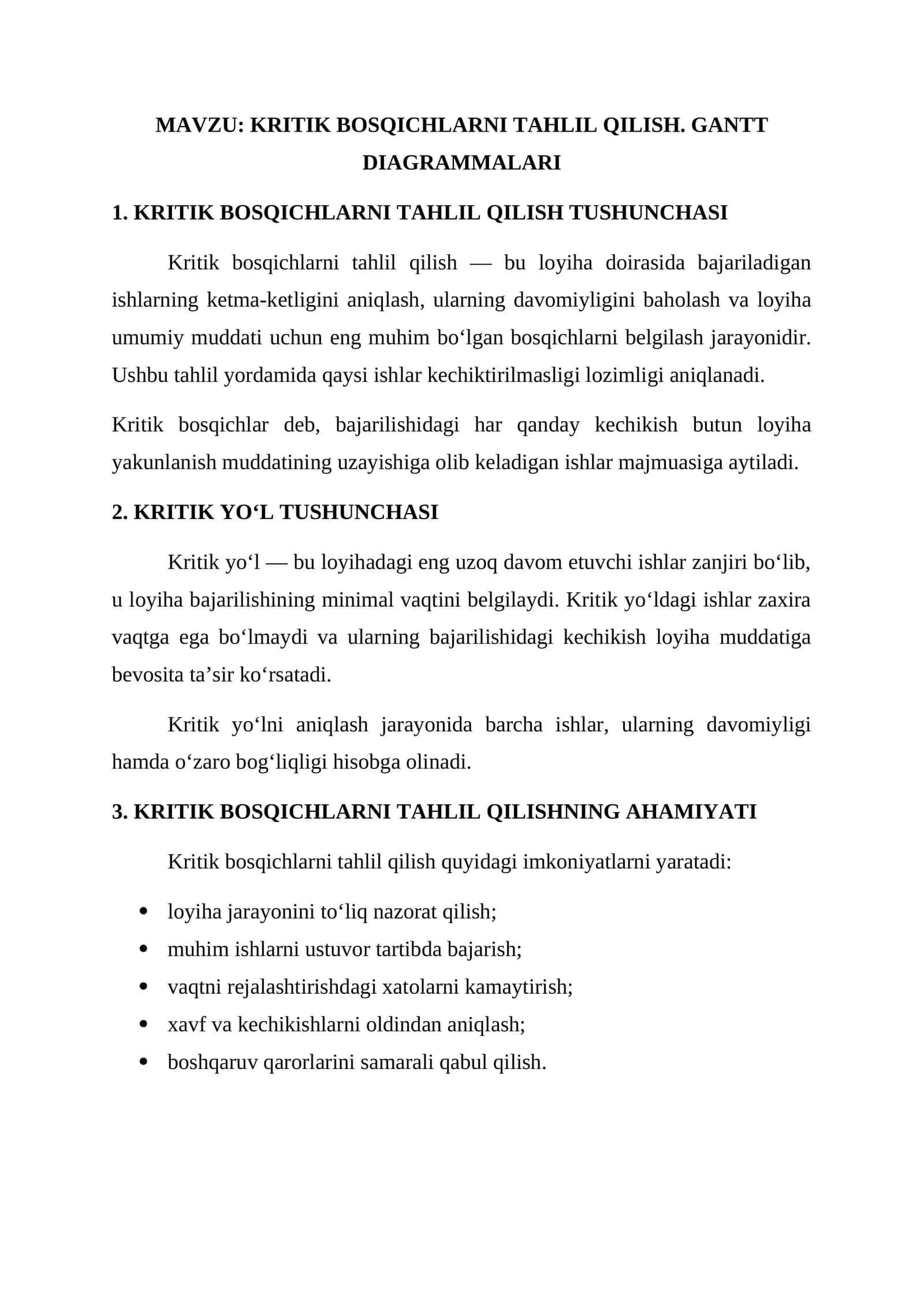 KRITIK BOSQICHLARNI TAHLIL QILISH. GANTT DIAGRAMMALARI