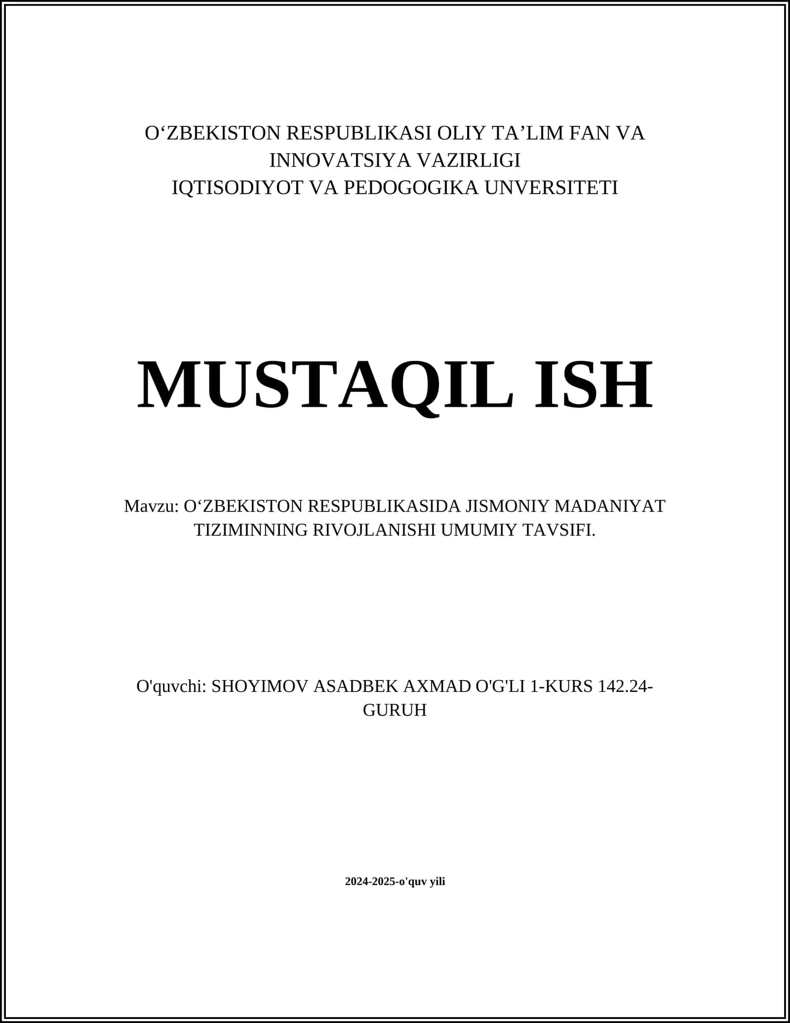 O‘ZBEKISTON RESPUBLIKASI OLIY TA’LIM FAN VA INNOVATSIYA VAZIRLIGI