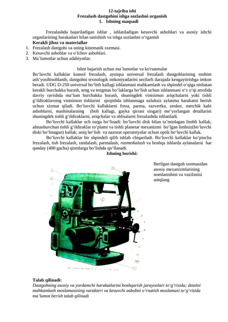 Frezalash dastgohini ishga sozlashni urganish