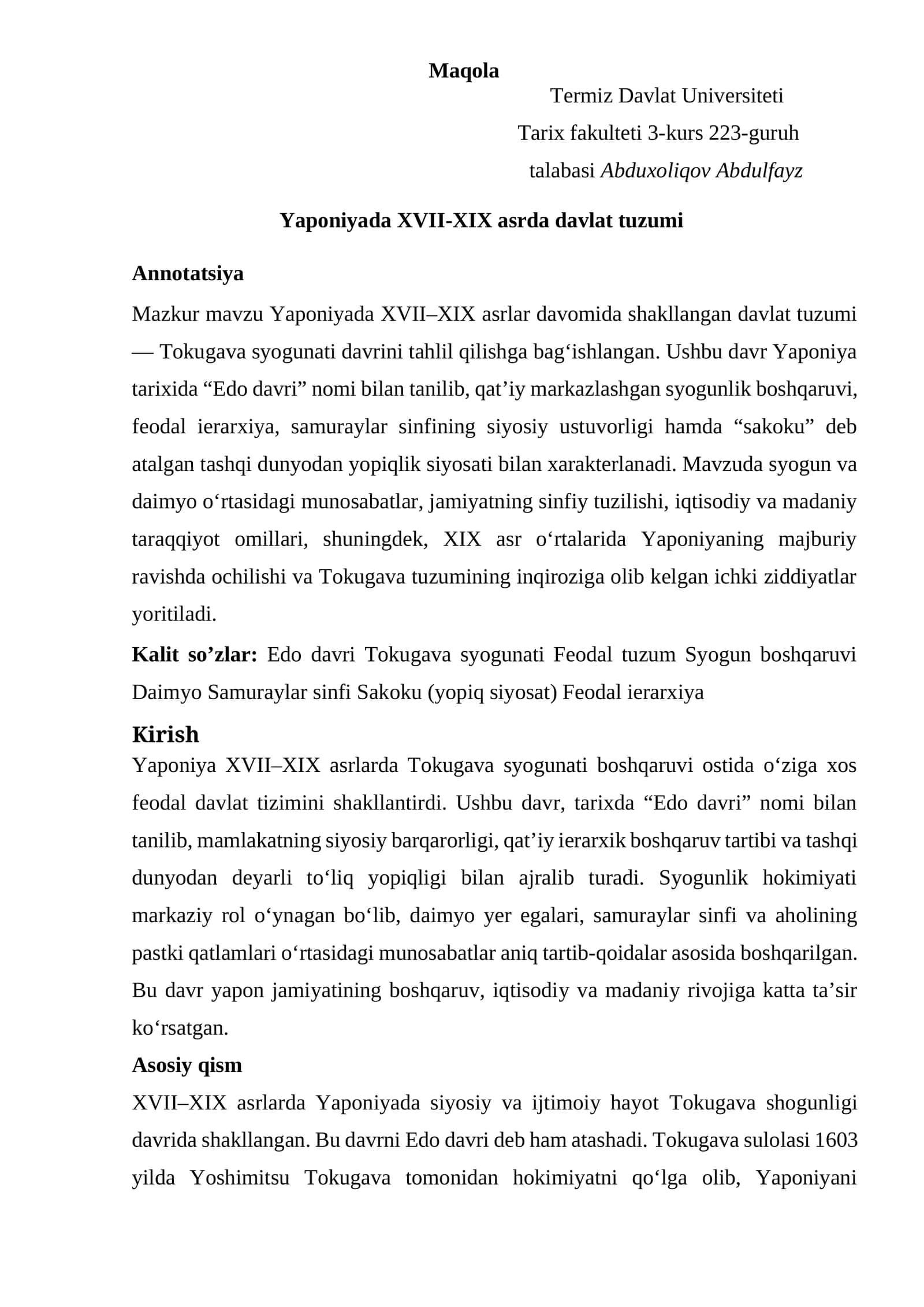 Yaponiyada XVII-XIX asrda davlat tuzumi