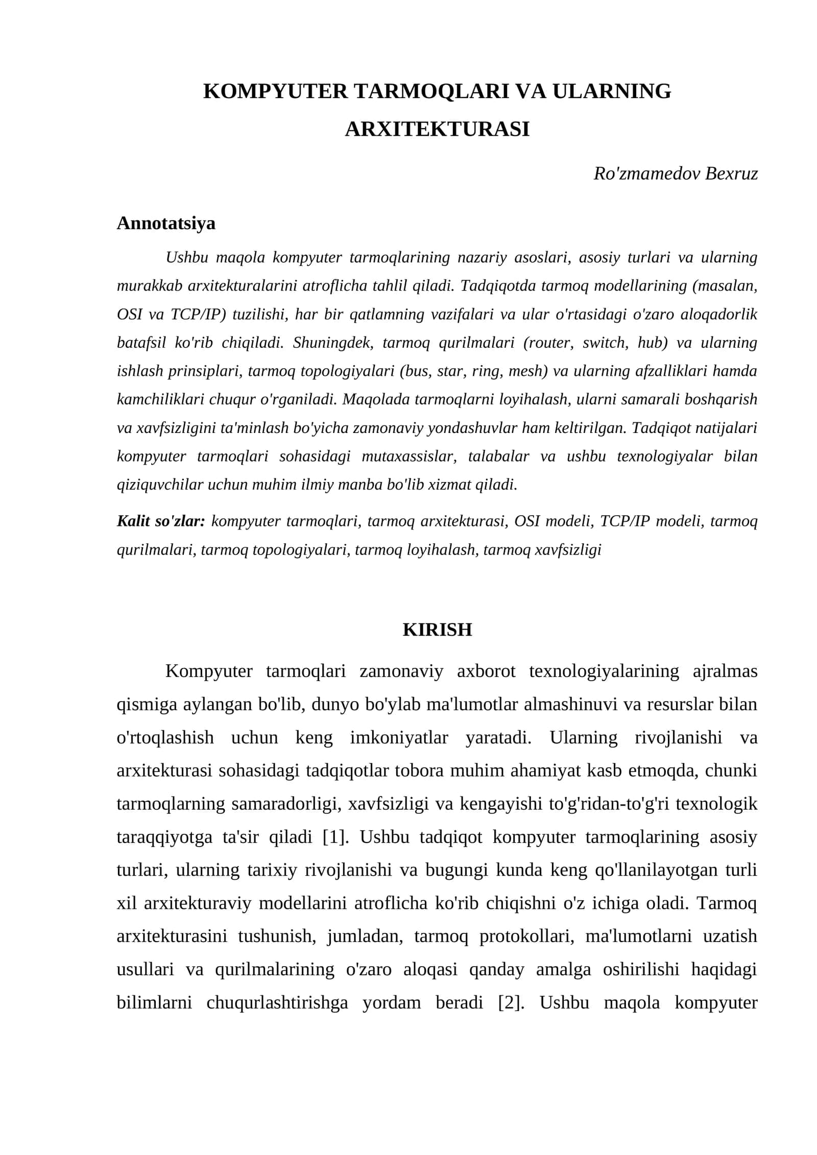 KOMPYUTER TARMOQLARI VA ULARNING ARXITEKTURASI