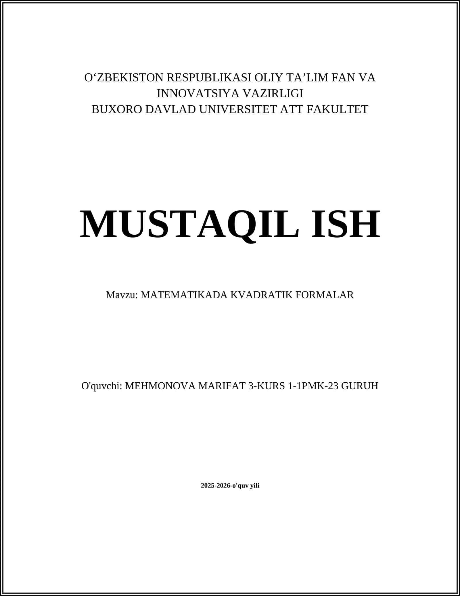 MATEMATIKADA KVADRATIK FORMALAR