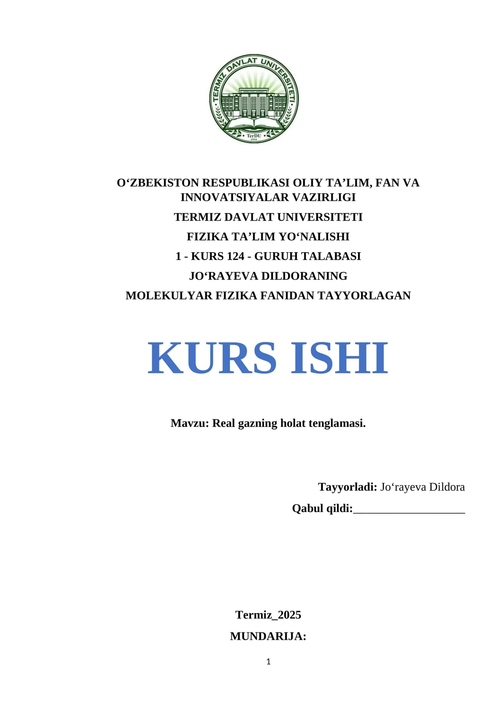 MOLEKULYAR FIZIKA FANIDAN TAYYORLAGAN KURS ISHI