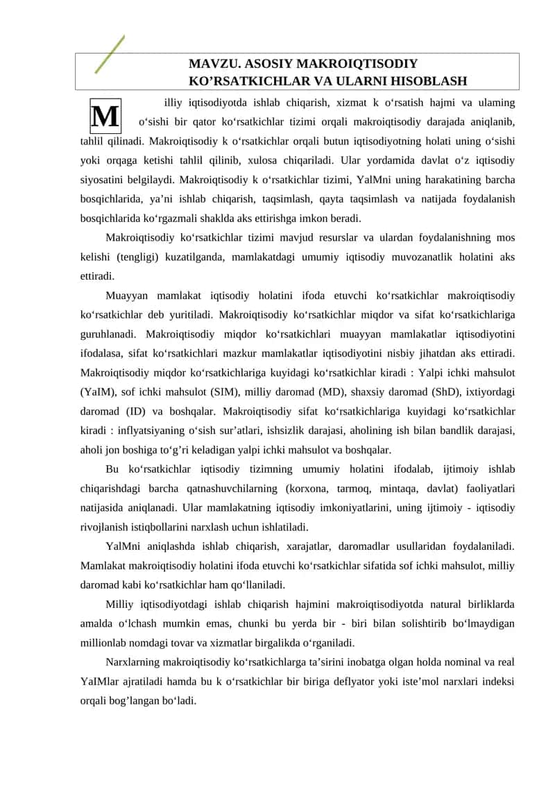 ASOSIY MAKROIQTISODIY KO’RSATKICHLAR VA ULARNI HISOBLASH