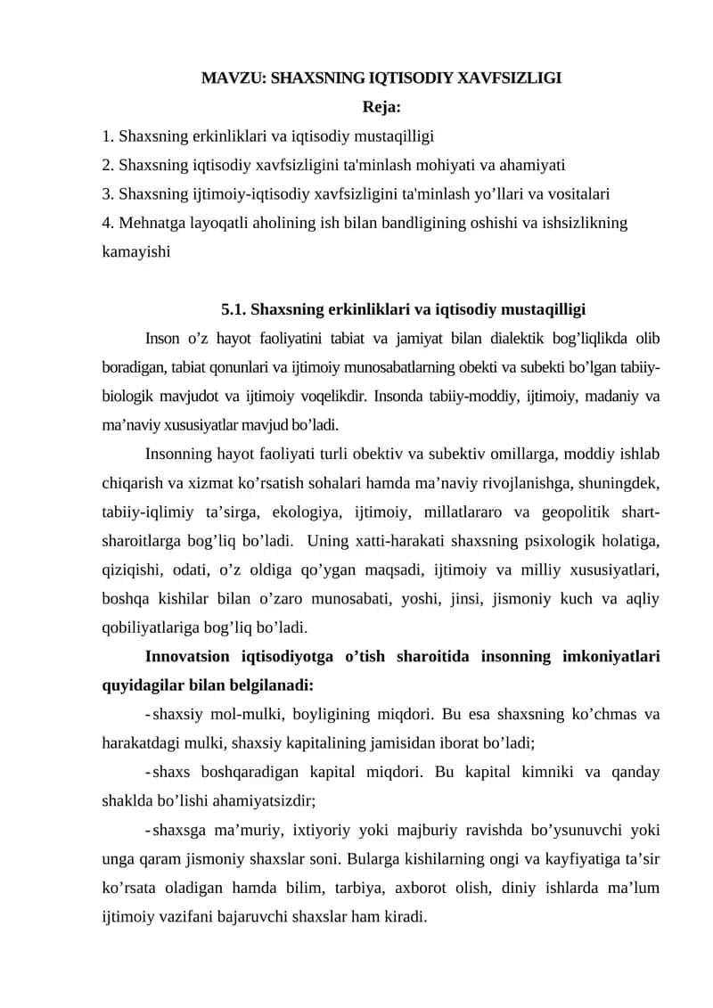 SHAXSNING IQTISODIY XAVFSIZLIGI