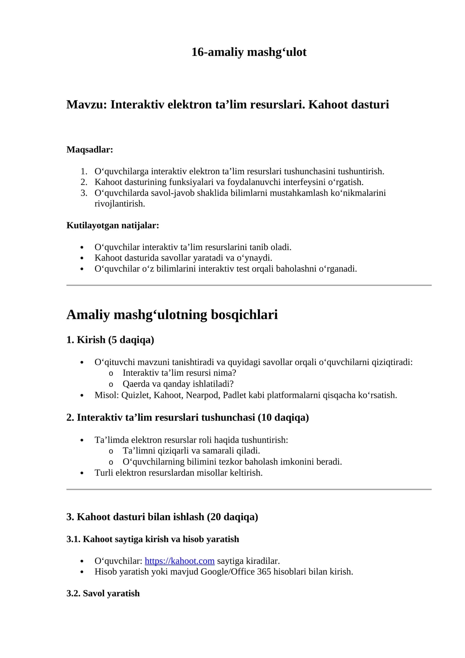 Interaktiv elektron ta’lim resurslari. Kahoot dasturi